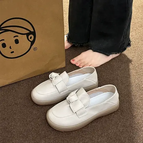 蝴蝶结小皮鞋女两穿2024春新款乐福鞋休闲百搭软底不累脚护士单鞋商品大图