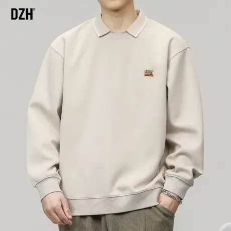 男生米杏色翻领卫衣男款无帽美式复古休闲男装2024年新款polo衫潮商品大图