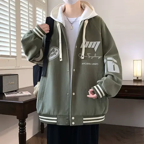 灯芯绒外套男春秋冬季潮牌连帽休闲上衣服美式字母印花青少年夹克商品大图