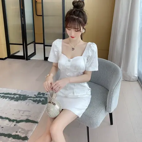 欧洲站方肩领一字肩连衣裙2022夏季新款气质时尚名媛网红小白裙子图片