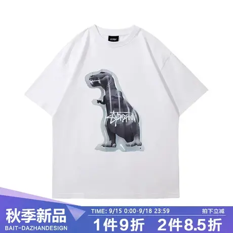 2023夏季新款美式潮流恐龙图案印花短袖圆领纯棉T恤男女同款商品大图