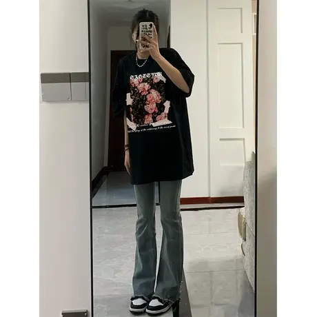 纯棉重磅美式复古玫瑰花短袖t恤女2023春夏设计感宽松大码上衣服商品大图
