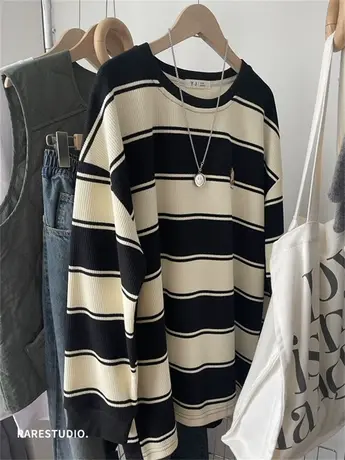 24早春新款复古彩色条纹刺绣小猫休闲宽松长袖T恤打底内搭女韩系商品大图