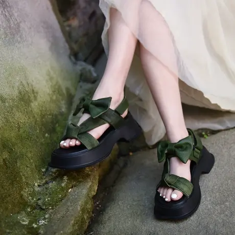 Artmu阿木复古真皮粗跟厚底凉鞋2023年女新款蝴蝶结松糕罗马鞋商品大图