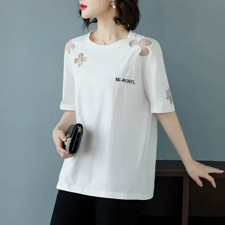纯棉短袖T恤女夏季新款宽松加大码女装休闲镂空洋气百搭显瘦上衣商品大图