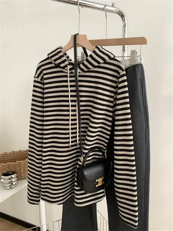 加厚磨毛绒条纹连帽衫女宽松休闲慵懒显瘦百搭套头卫衣2024春季潮商品大图