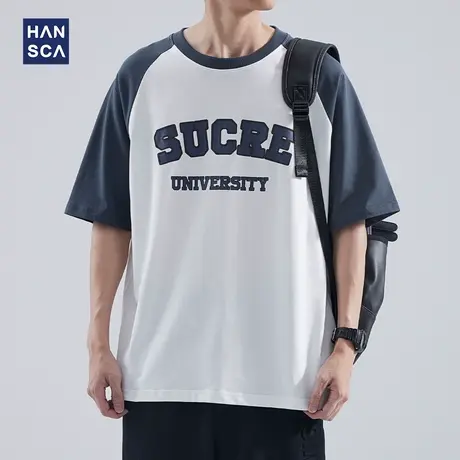 hansca 插肩袖撞色潮流短袖T恤男士重磅夏季纯棉宽松休闲百搭上衣商品大图
