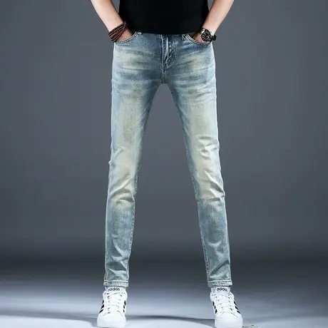 春秋款复古做旧修身牛仔裤男款2024新款美式高街小脚裤子潮牌男士商品大图