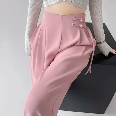 粉色新中式窄版阔腿裤女春夏新款设计感国风高腰显瘦垂感西装裤子图片