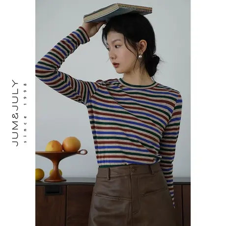 嘉茱莉2023年秋季新款圆领条纹撞色长袖T恤女内搭上衣薄款打底衫商品大图