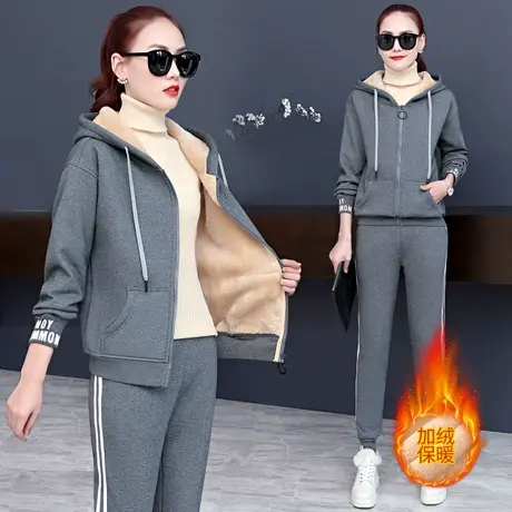 加绒加厚运动套装女秋冬季时尚韩版羊羔绒休闲服卫衣外套两件套潮图片