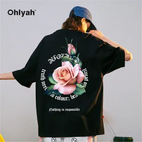 Ohlyah美式高街复古玫瑰花卉短袖T恤男女款潮牌ins无性别情侣半袖商品大图