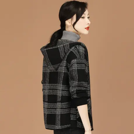 韩潮袭人连帽格子仿毛呢短外套女2023冬新款加厚保暖毛衣格纹大衣图片