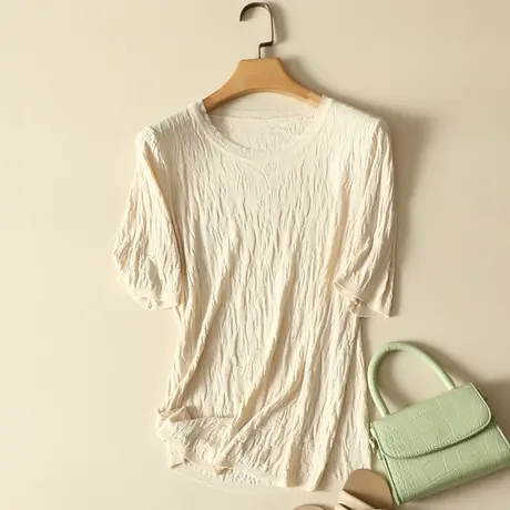 清仓！冰丝针织衫短袖t恤女2023春夏新款圆领宽松显瘦薄款打底衫商品大图