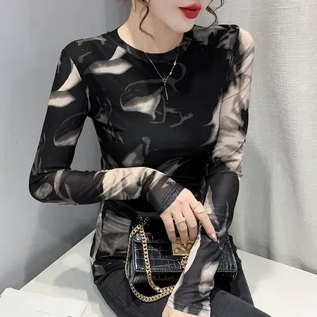 复古印染打底衫女秋装2023新款气质网纱长袖T恤修身内搭加绒上衣商品大图