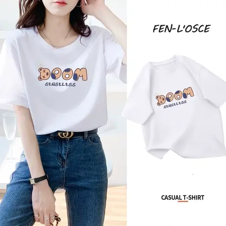 小熊短袖t恤女2023年夏季新款设计感小众宽松大码印花纯棉上衣潮商品大图