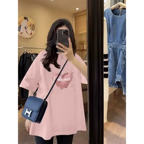 粉色短袖t恤女夏季新款2023宽松oversize短袖港味chic上衣女夏款图片