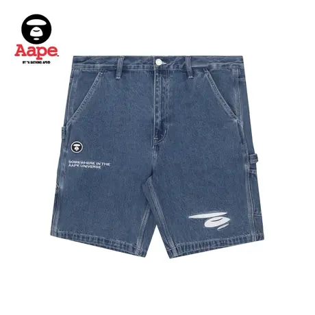 Aape旗舰店男装春夏猿颜山系字母刺绣压凸图案牛仔短裤6847XAI商品大图