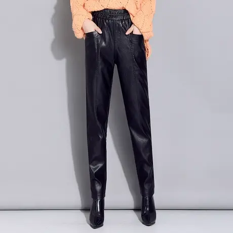 皮裤女秋冬2023年新款松紧腰显瘦小脚萝卜裤外穿加绒PU哈伦裤长裤图片
