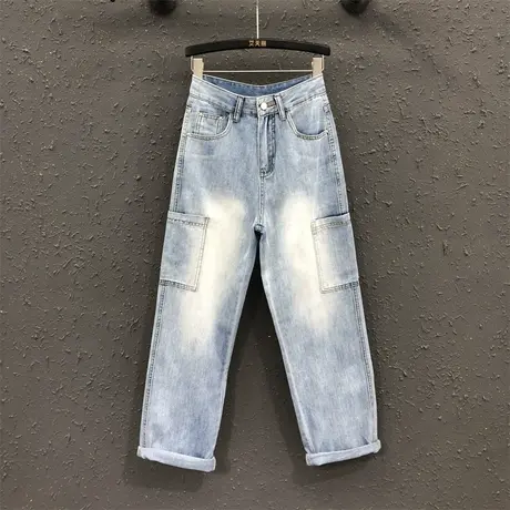 2023夏新款浅蓝色工装裤宽松显瘦高腰休闲潮流牛仔直筒裤显瘦长裤商品大图