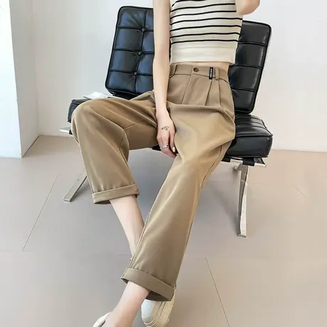 咖色九分西装裤女夏季2023薄款高腰宽松显瘦小个子休闲冰丝哈伦裤商品大图