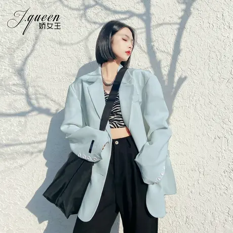西装外套女秋季新款宽松休闲百搭廓形上衣oversize蓝色炸街小西服图片