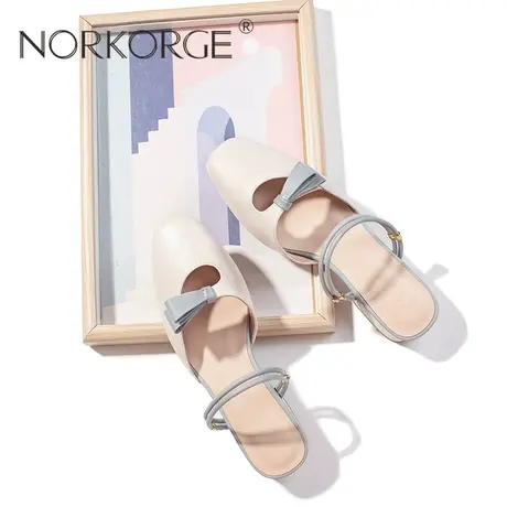 原创新款手工复古仙女风配裙子米色包头凉拖方头真皮外穿凉鞋2023商品大图