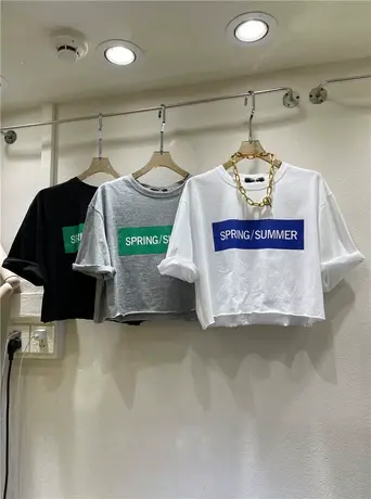 短袖t恤女2021夏季新款韩版ins潮字母印花撞色宽松休闲短款上衣服商品大图