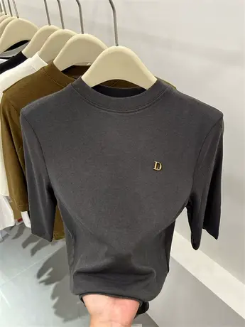 韩版五分袖正肩上衣软糯直筒短袖女2023秋季新款T恤弹力气质体恤商品大图