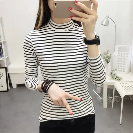 秋装2023新款2023半高领条纹抖音颜九长袖t恤底衫内搭紧身上衣女商品大图