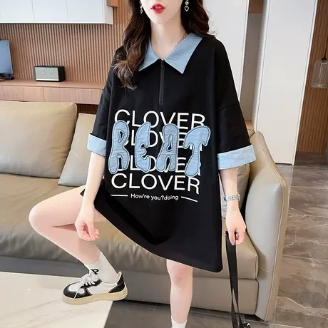 小众设计感短袖t恤女2023新款夏季韩版宽松大码中长款polo领上衣图片