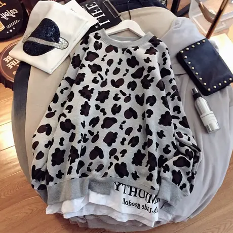 卫衣女春秋季韩版宽松原宿bf慵懒风ins薄款假两件上衣豹纹外套潮商品大图