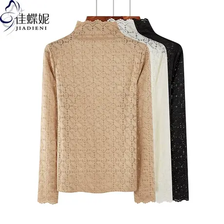 秋季新款韩版半高领宽松印花薄款蕾丝边长袖体恤上衣内搭打底衫女商品大图