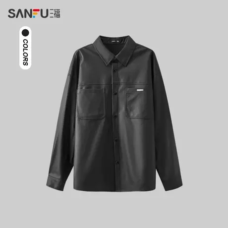 三福2023秋男士PU皮革磨砂感长衬衫 街头潮酷宽松上衣男476263图片