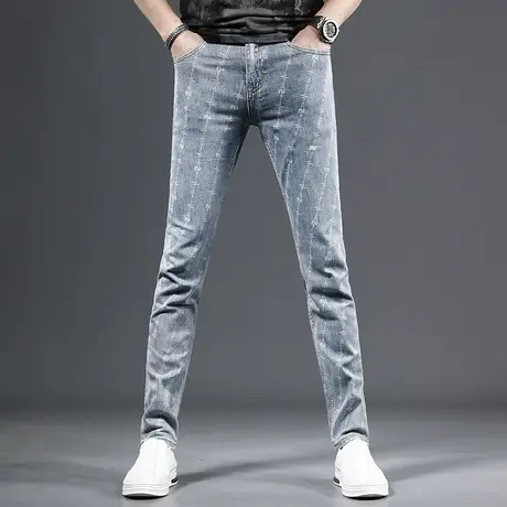 高级牛仔裤男春夏季2023新款时尚印花修身小脚潮牌浅蓝色弹力裤子商品大图
