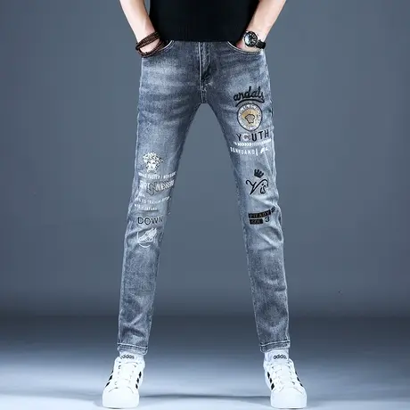 男士新款牛仔裤子简约修身刺绣印花精致小脚裤2023秋款男潮牌百搭商品大图