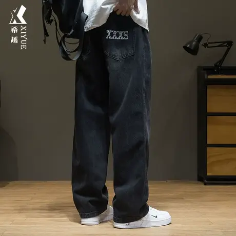 希越329g重磅黑牛仔裤男秋季复古宽松大码直筒裤宽松大码胖子男裤商品大图