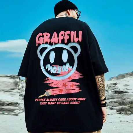 短袖男夏季潮牌宽松港风小恶魔t恤2023新款衣服ins潮流五分袖体恤商品大图