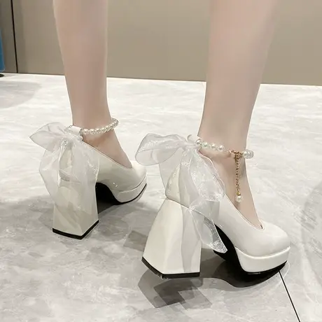 超高跟婚鞋主婚纱神器白色优雅法式温柔公主粗跟小个子增高新娘鞋图片