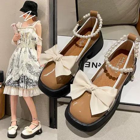 2023年洛丽塔甜美蝴蝶结单鞋时尚漆皮粗跟扣带中跟JK制服lo女鞋商品大图