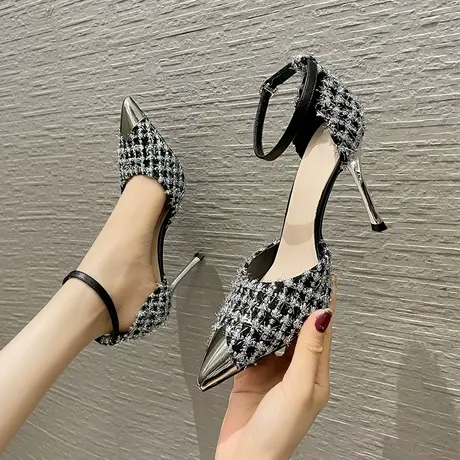 一字带单鞋女2023年夏季新款法式尖头高跟鞋不累脚细跟气质凉鞋图片