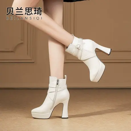 真皮圆头厚底粗跟短靴女2023秋冬季新款百搭防水台高跟时装骑士靴商品大图