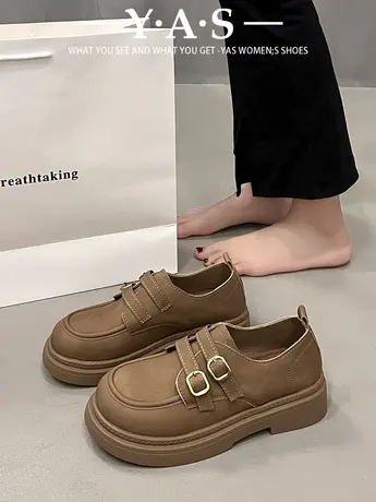 棕色复古小皮鞋女2024春秋季新款百搭英伦风厚底增高一脚蹬乐福鞋商品大图