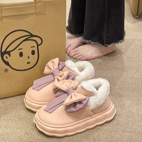 可爱蝴蝶结防水棉拖鞋女厚底外穿冬季加绒居家用防滑包跟保暖棉鞋商品大图