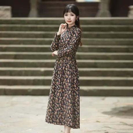 筠雅春季改良旗袍新款2023女连衣裙长袖盘扣复古碎花气质中式裙子图片