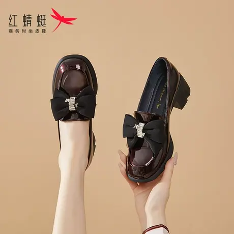 红蜻蜓女鞋高跟厚底小皮鞋乐福鞋女2024春新款漆皮亮面夏季小个子图片