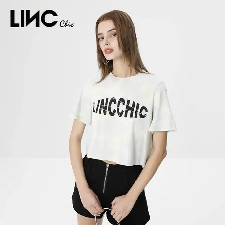 商场同款LINC金羽杰2023夏秋新款扎染印花针织圆领短袖BM风T恤女商品大图