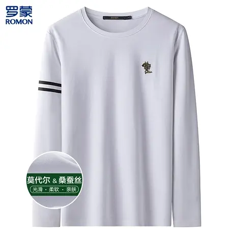 罗蒙含桑蚕丝时尚圆领T恤男棉质舒适男士长袖t恤男上衣图片