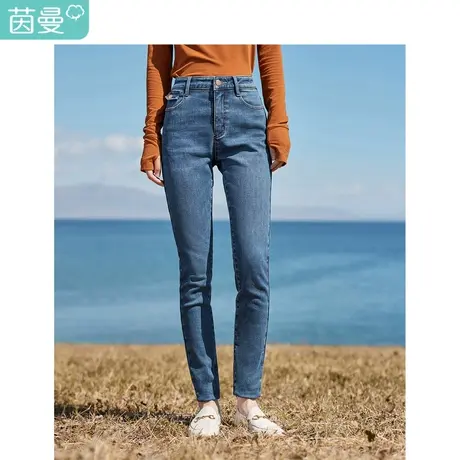 茵曼仿羊绒小脚牛仔裤2023冬女装新款高腰弹力修身显瘦百搭长裤商品大图