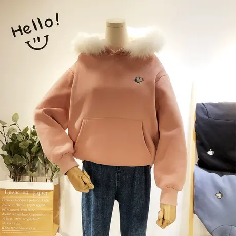 2019秋冬款韩国东大门ins潮怪味卡通连帽毛领加绒卫衣闺蜜姐妹装图片